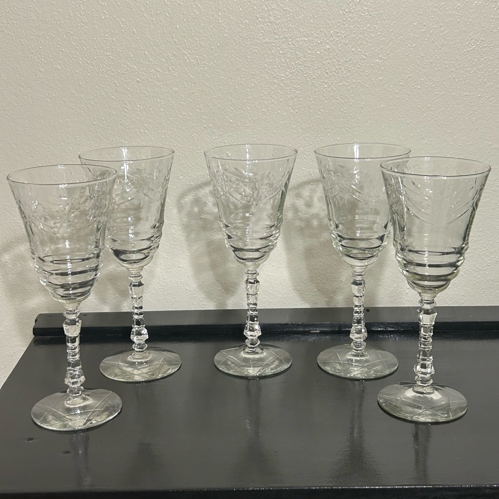 Etched Glass Set of 5 Wine‎ Water Glasses